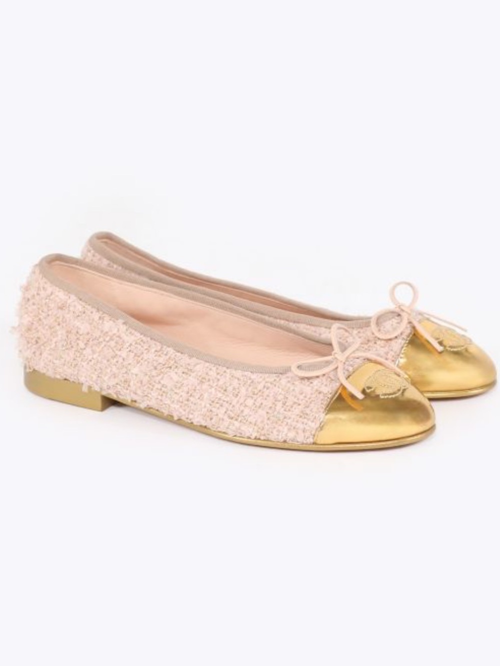 CHANEL Pink Tweed Ballet Flats with Gold Cap Toe